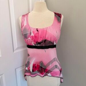 Y2K PINK AND BLACK FASHION BUG STRETCH ABSTRACT PRINT ASYMMETRICAL TANK TOP